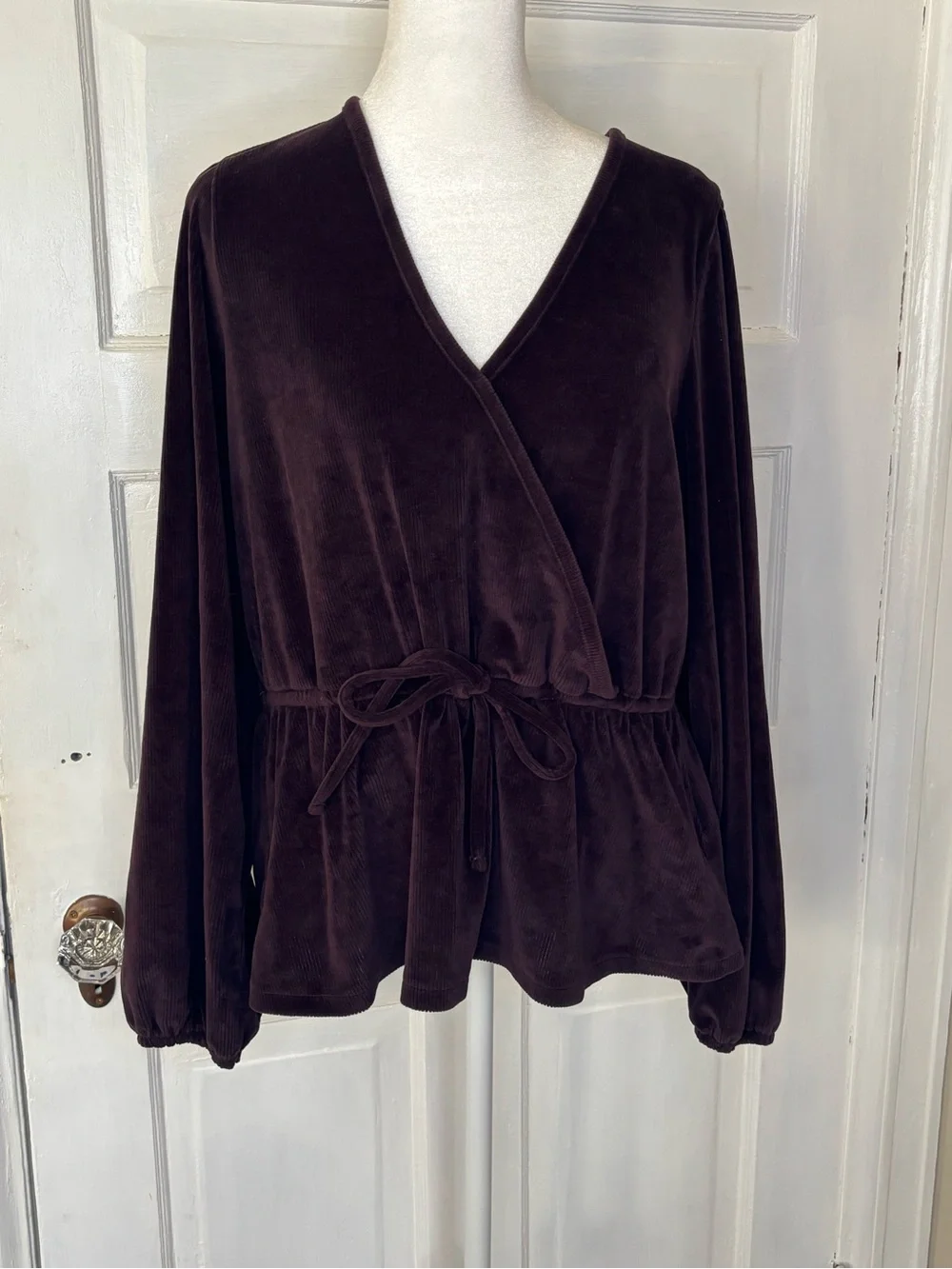 Madewell Tie Front Faux Wrap Corduroy Blouse in Spiced Raisin